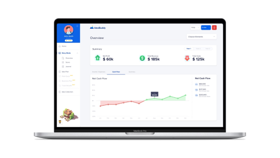 A laptop, displaying a part of an app developed for a client, with summary/overview/cash flow section.