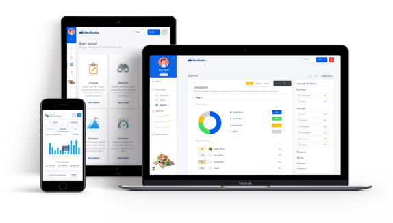 A mobile phone, tablet and a laptop, displaying a part of an app (charts, homescreen..) developed for a client.