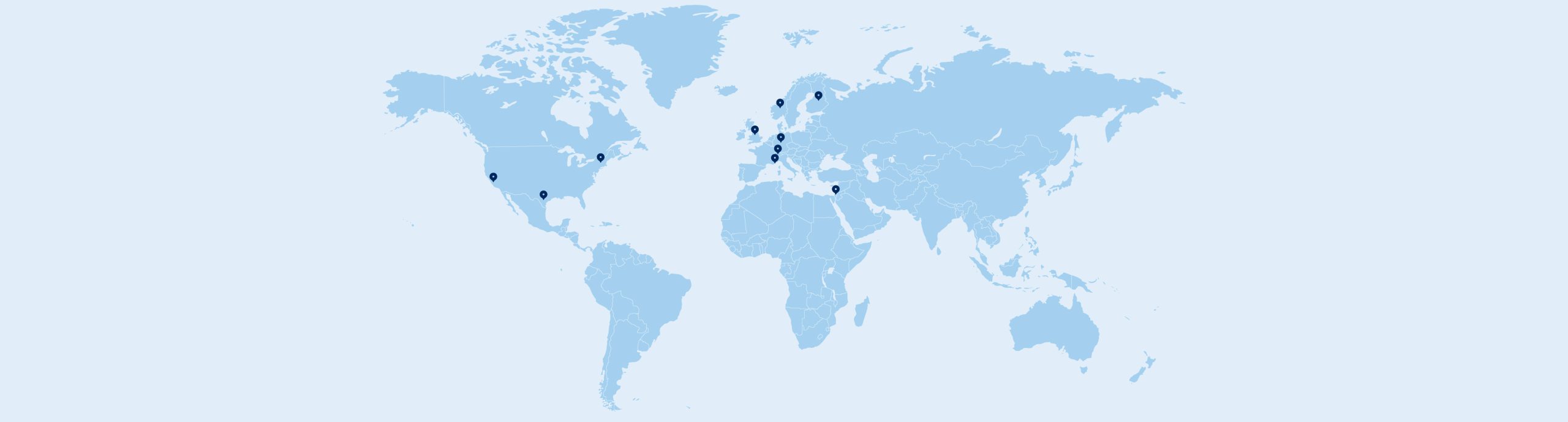 Map of the world with marked areas indicating the locations of our clients in Texas, California, New York State, Germany, Norway, Finland, UK, Switzerland, Israel, Monaco.